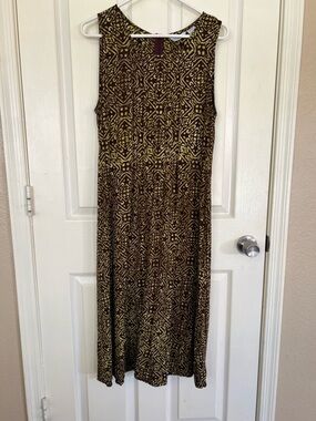 Vintage Wind River Rayon Midi Dress L | Brown Olive Geometric Print Sleeveless